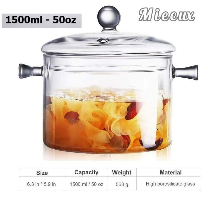 Miecux Glass Saucepan with Cover,1.5L/50 OZ Heat-resistant Glass Stovetop Pot and Pan with Lid, The Best Handmade Glass Cookware Set Cooktop Safe for Pasta Noodle, Soup, Milk, Baby Food - Image 4